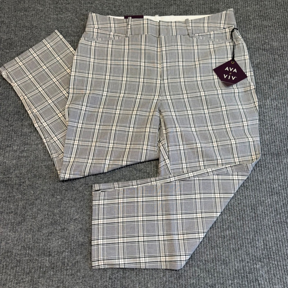 Ava & Viv NWT Ankle Pants Women's 16 Cream Plaid High Rise Stretch Comfort Waist